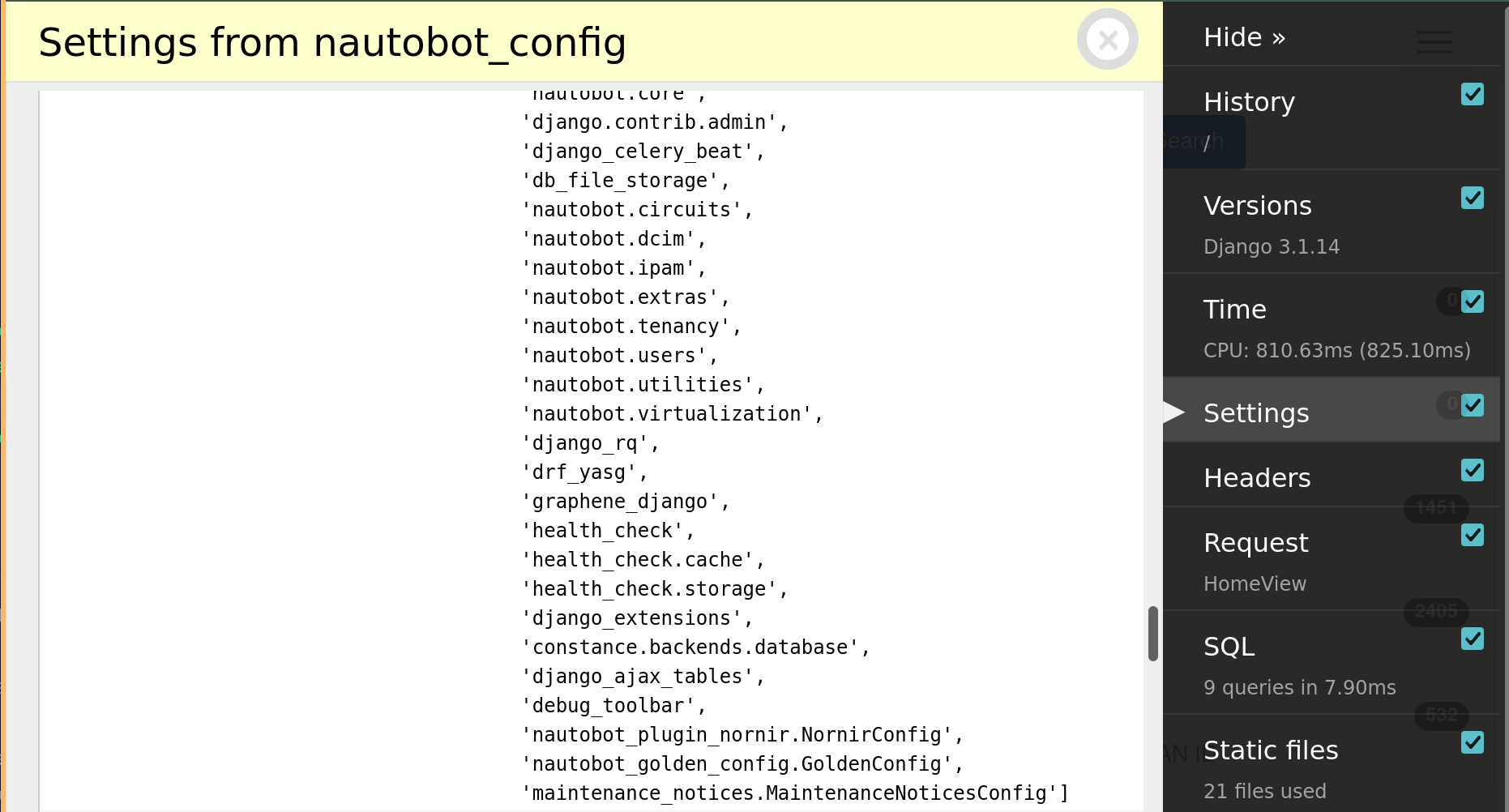 Screenshot: Debug Toolbar settings
