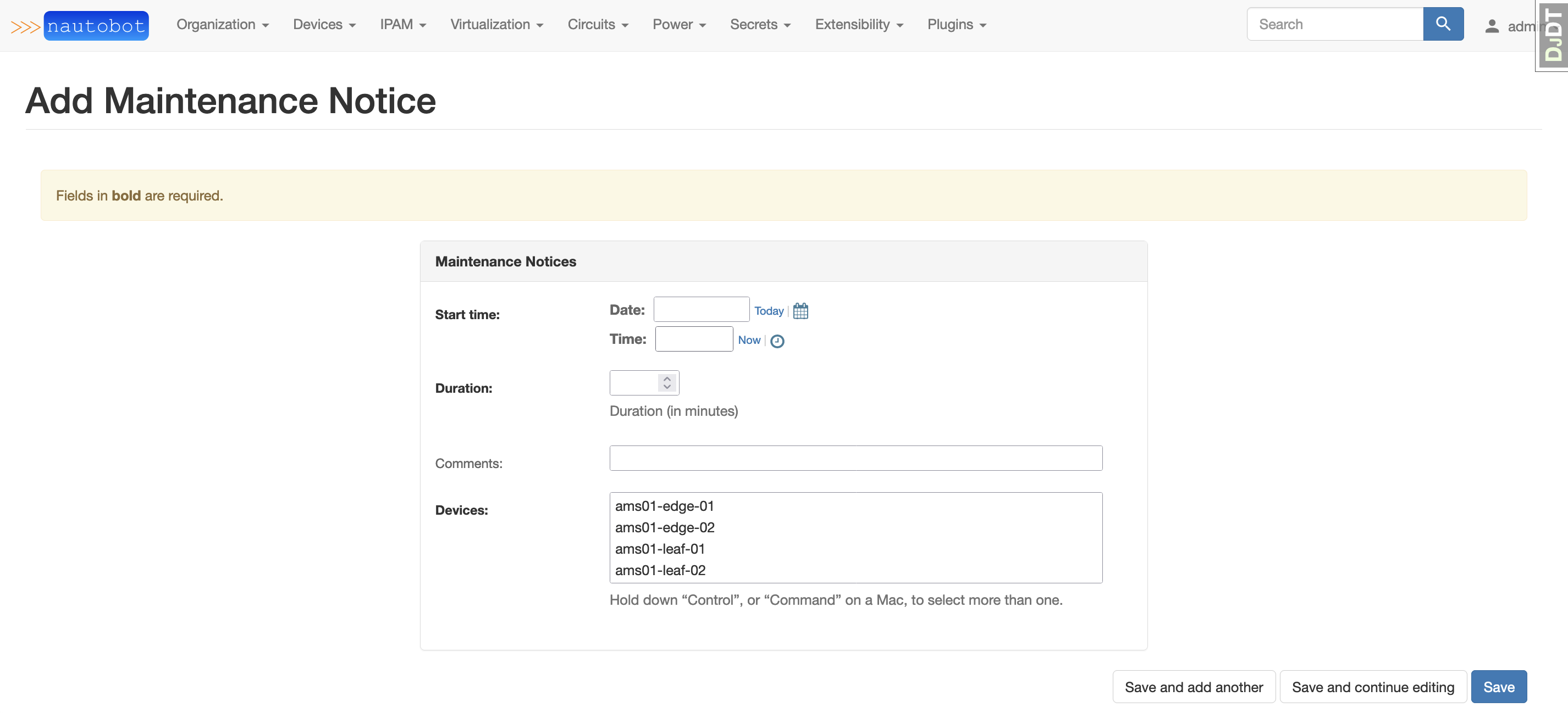 Screenshot: Creating a new maintenance notice in the admin UI