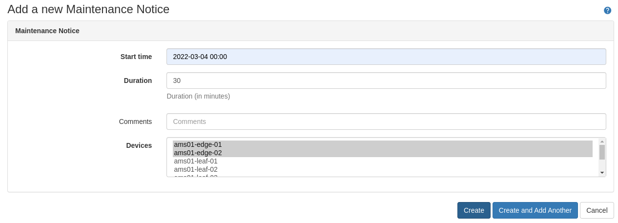 Screenshot: Maintenance notice creation form