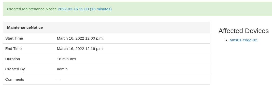 Screenshot: Maintenance notice created with created_by assigned