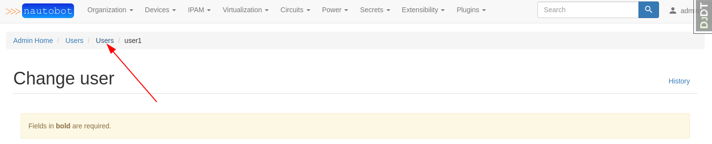 Screenshot: Breadcrumbs to Users