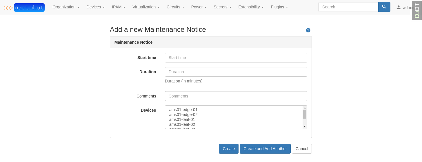 Screenshot: Maintenance Notice Creation View
