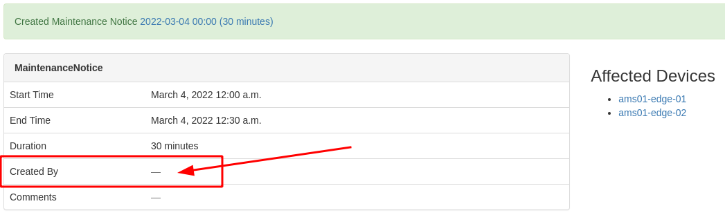 Screenshot: A new maintenance notice has been created
