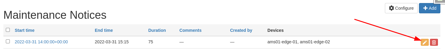 Screenshot: Maintenance notice list view
