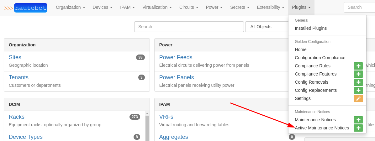 Screenshot: Active Maintenance Notices Menu