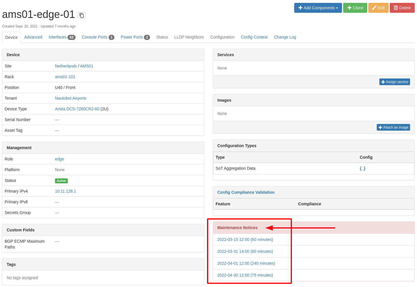 Screenshot: Panel showing associated maintenance notices in the device view