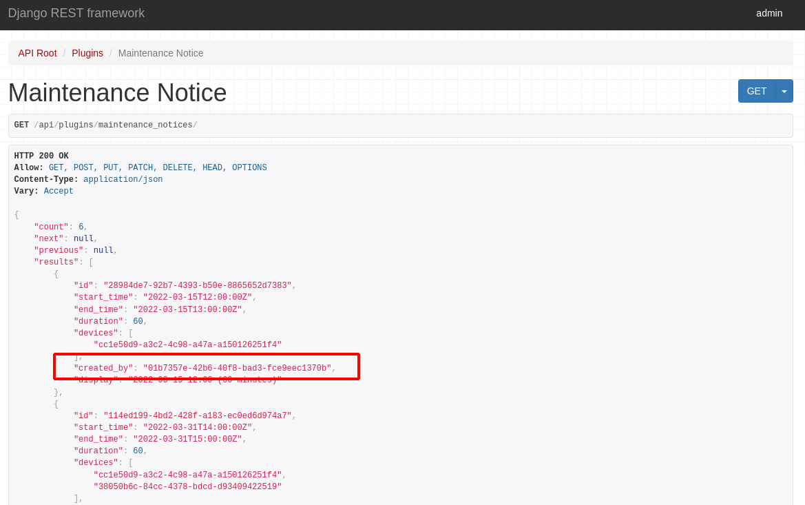 Screenshot: Browser view of REST API showing maintenance notices