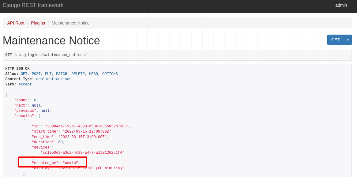 Screenshot: Maintenance notices REST API view now showing usernames instead of user IDs