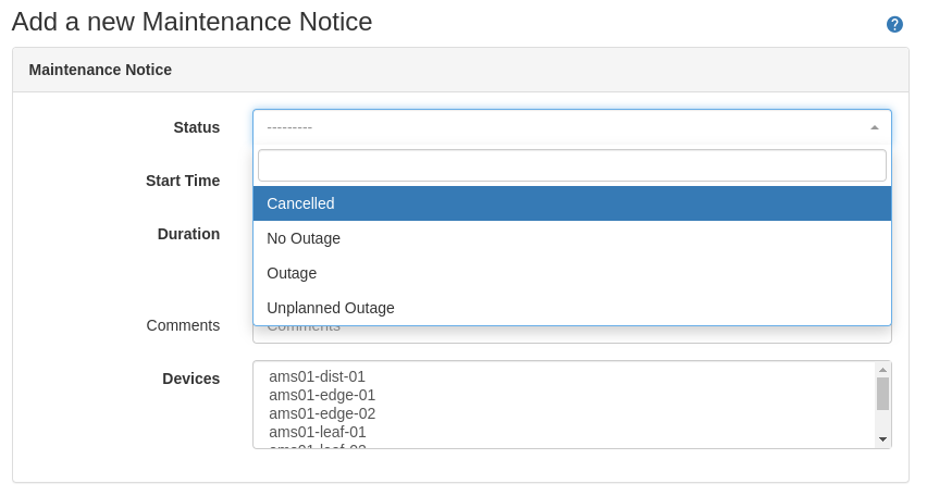 Screenshot: Status drop down menu